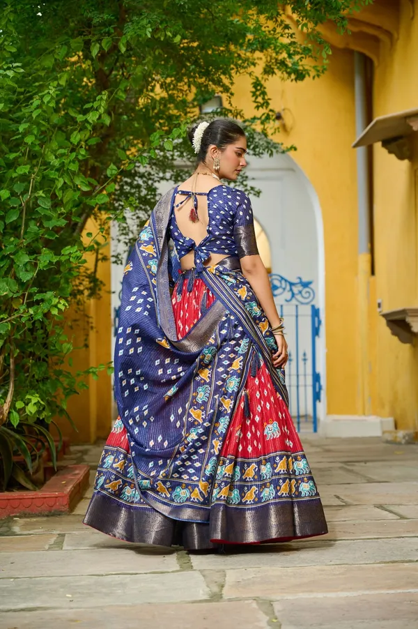 Red_Tasar_Silk_Printed_Flared_Lehenga_Choli_For_Women