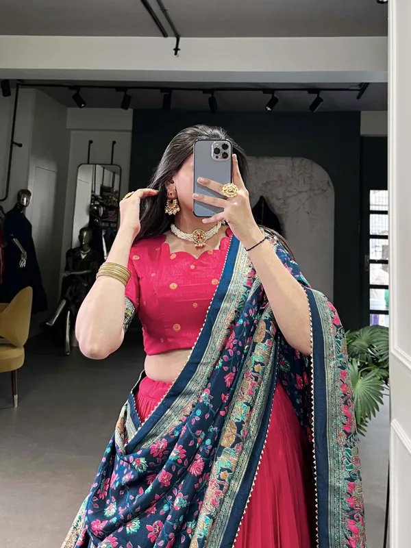 Red_Tasar_Silk_Floral_Printed_Flared_Lehenga_Choli_For_Women