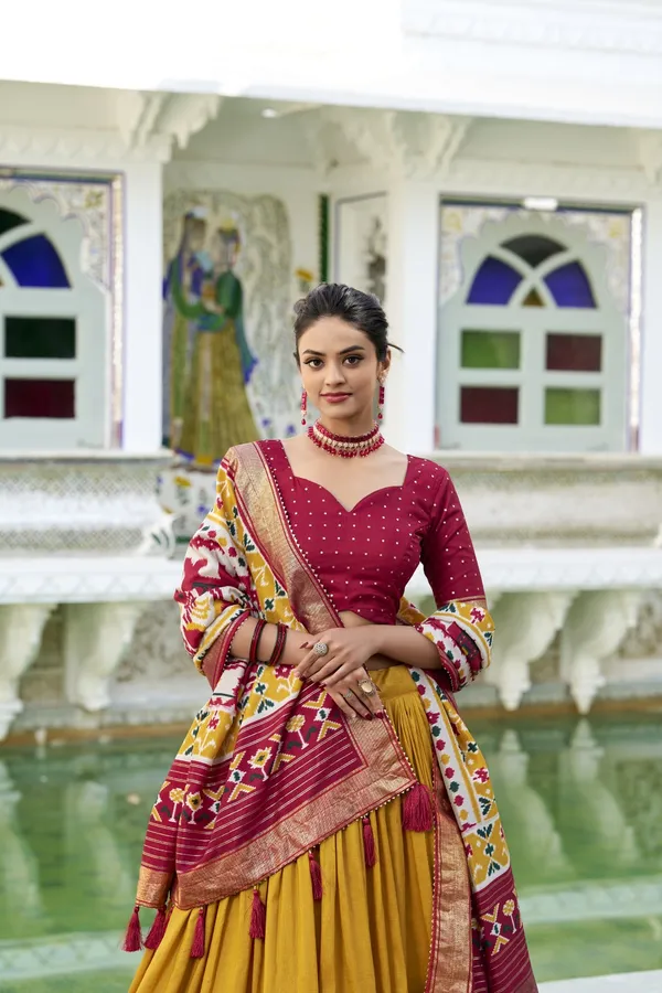 Mustard_Tasar_Silk_Printed_Flared_Lehenga_Choli_For_Women