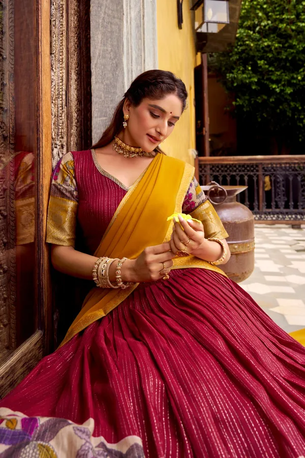 Red_Tasar_Silk_Printed_Flared_Lehenga_Choli_For_Women