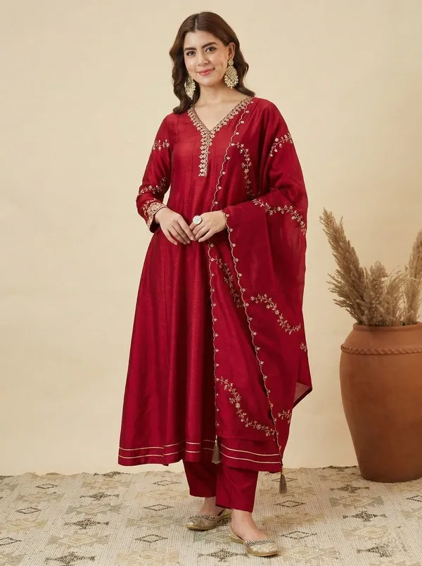Maroon_Embroidered_Straight_Kurta_Set_For_Women