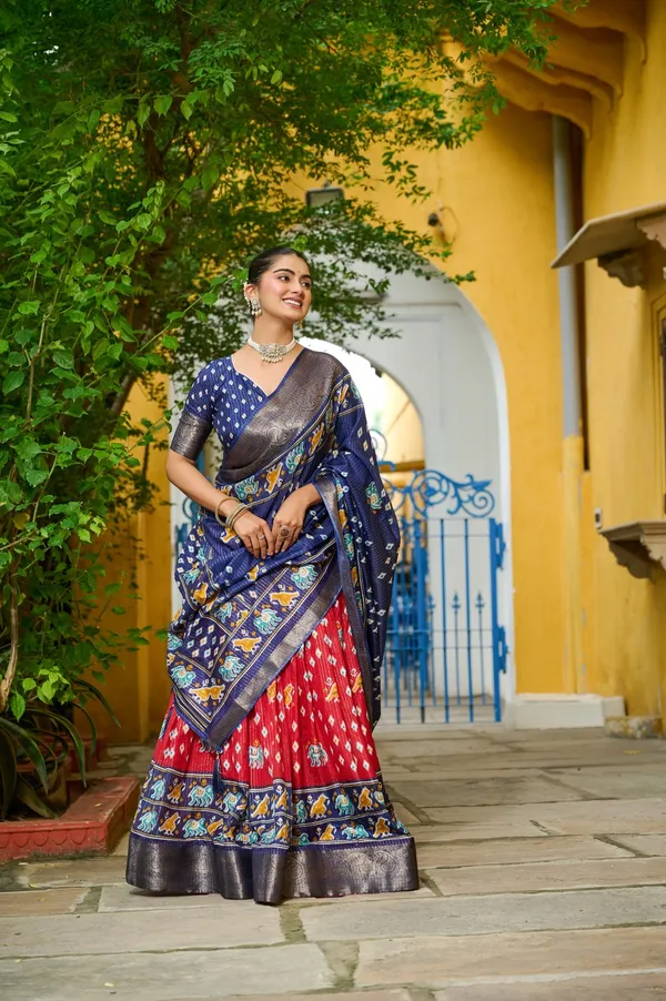Red_Tasar_Silk_Printed_Flared_Lehenga_Choli_For_Women