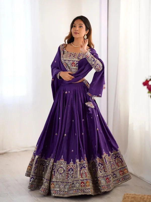 Purple_Tasar_Silk_Embroidered_Flared_Lehenga_Choli_For_Women