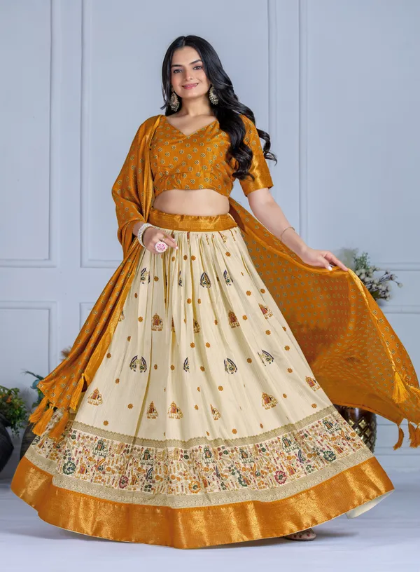 Yellow_Tasar_Silk_Printed_Flared_Lehenga_Choli_For_Women