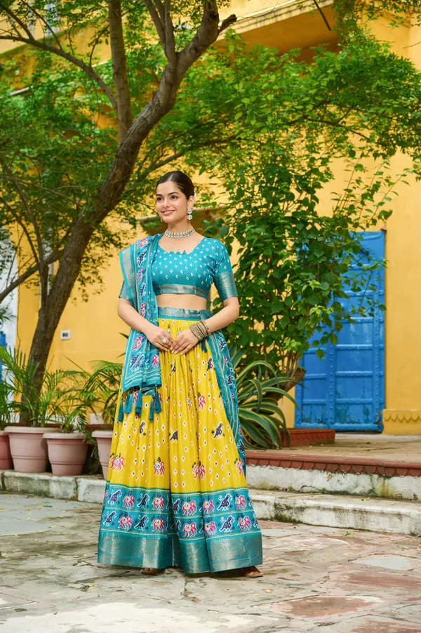 Blue_Tasar_Silk_Printed_Flared_Lehenga_Choli_For_Women