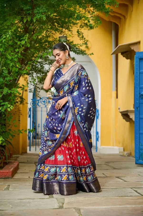 Red_Tasar_Silk_Printed_Flared_Lehenga_Choli_For_Women