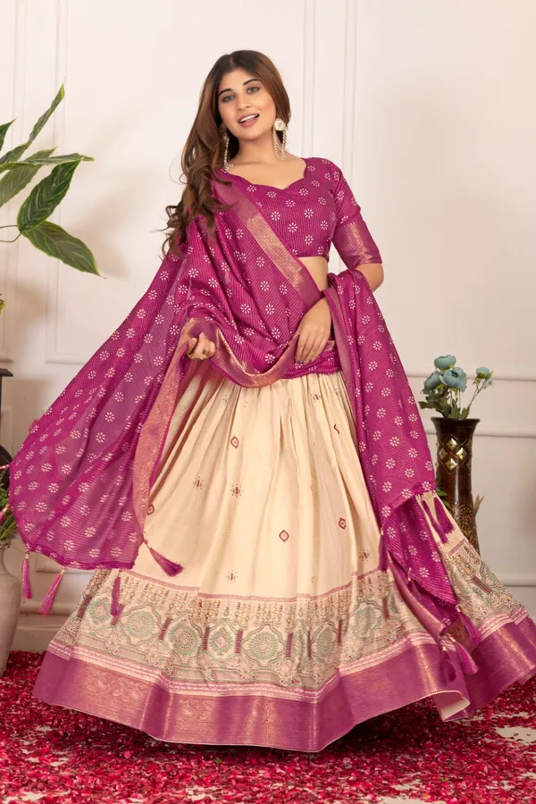Pink_Tasar_Silk_Printed_Flared_Lehenga_Choli_For_Women