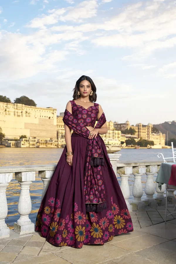 Wine_Tasar_Silk_Floral_Printed_Flared_Lehenga_Choli_For_Women