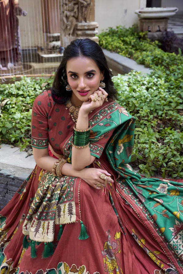 Red_Tasar_Silk_Printed_Flared_Lehenga_Choli_For_Women