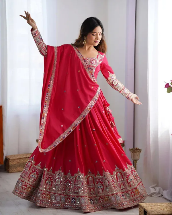 Red_Tasar_Silk_Embroidered_Flared_Lehenga_Choli_For_Women