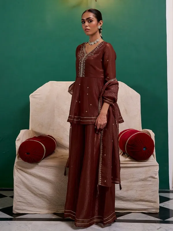 Brown_Embroidered_Three_Piece_Suit_Set_For_Women