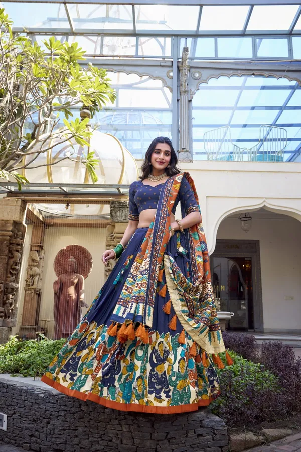 Navy_Tasar_Silk_Printed_Flared_Lehenga_Choli_For_Women