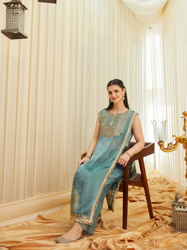Teal_Embroidered_Straight_Kurta_Set_For_Women