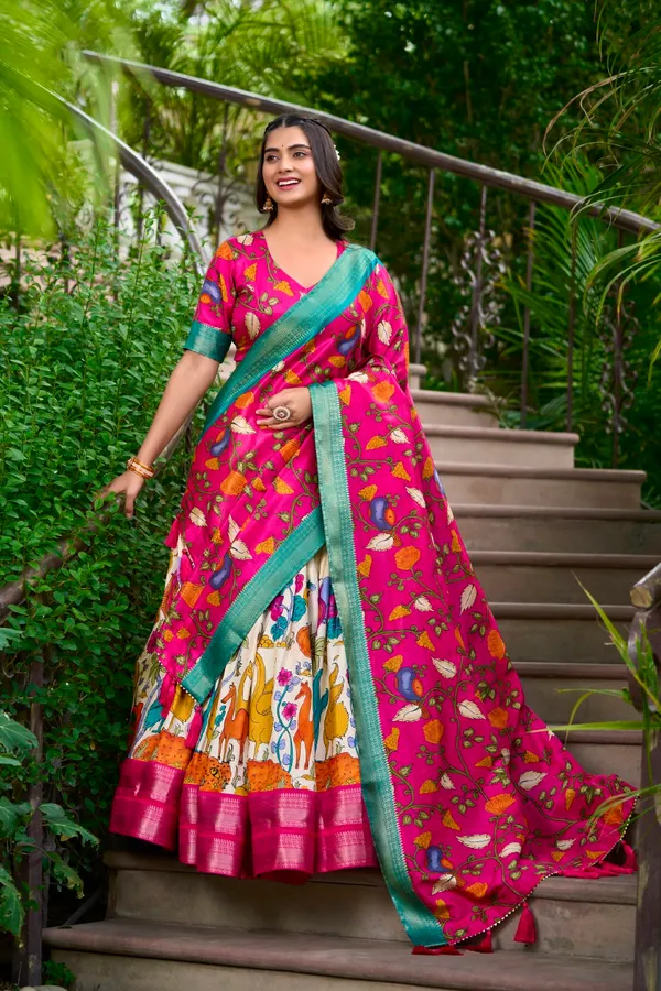 White_Tasar_Silk_Floral_Printed_Flared_Lehenga_Choli_For_Women