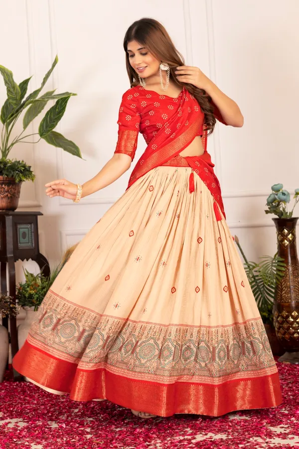 Red_Tasar_Silk_Printed_Flared_Lehenga_Choli_For_Women