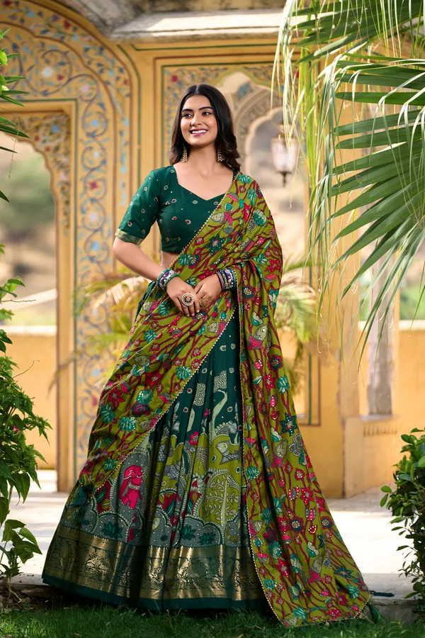 Green_Tasar_Silk_Flared_Printed_Lehenga_Choli_For_Women