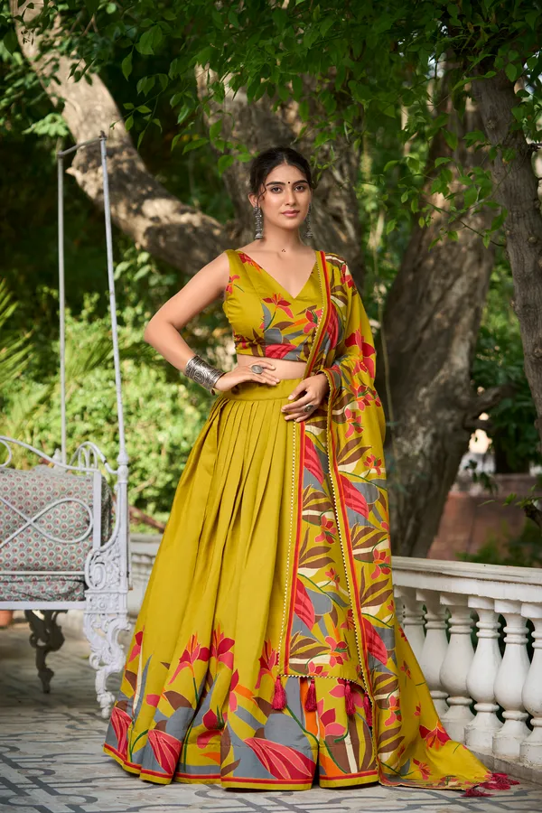 Yellow_Tasar_Silk_Flared_Printed_Lehenga_Choli_For_Women