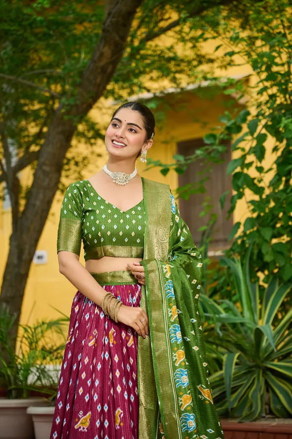 Green_Tasar_Silk_Printed_Flared_Lehenga_Choli_For_Women