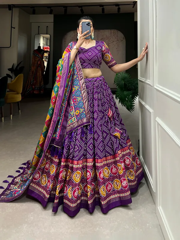 Purple_Tasar_Silk_Geometric_Printed_Flared_Lehenga_Choli_For_Women