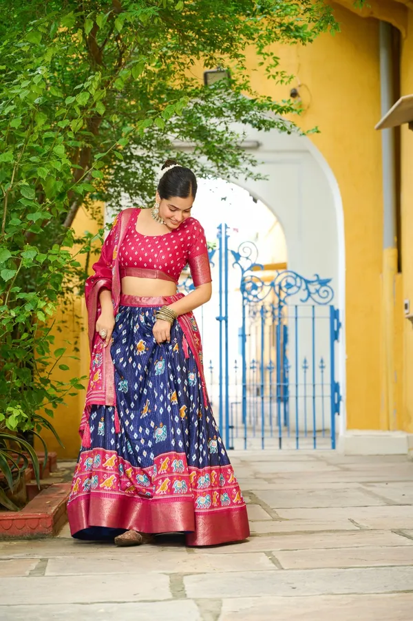 Navy_Tasar_Silk_Printed_Flared_Lehenga_Choli_For_Women