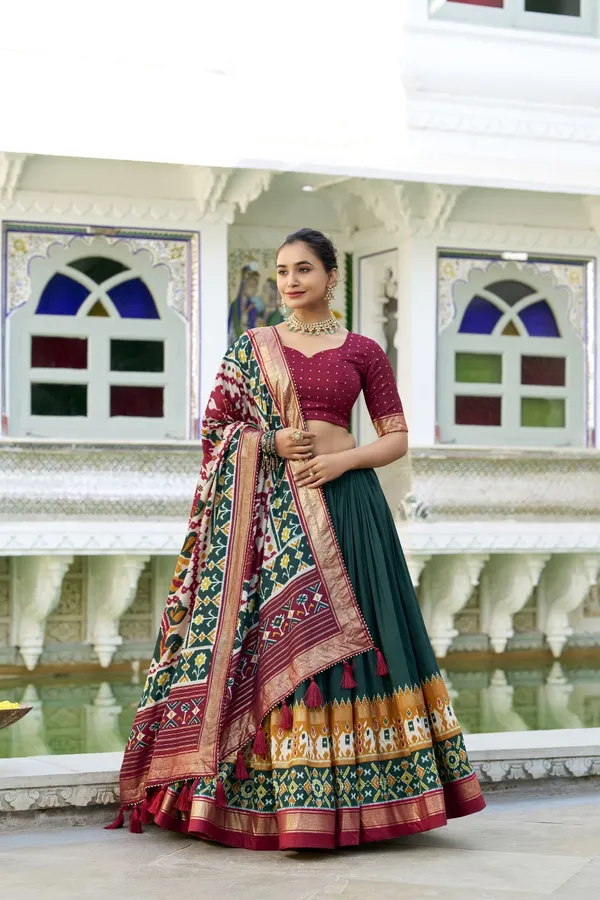 Green_Tasar_Silk_Flared_Lehenga_Choli_For_Women