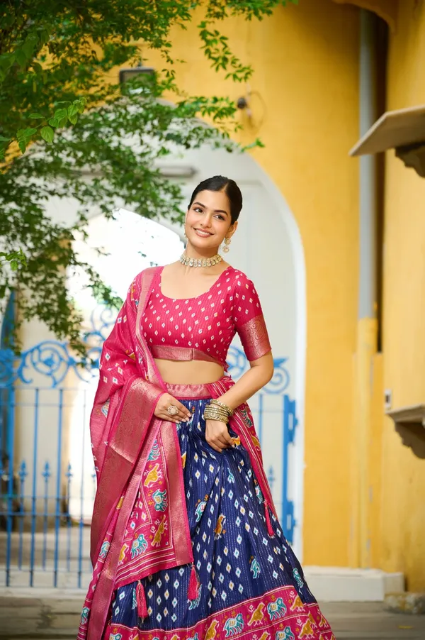 Navy_Tasar_Silk_Printed_Flared_Lehenga_Choli_For_Women