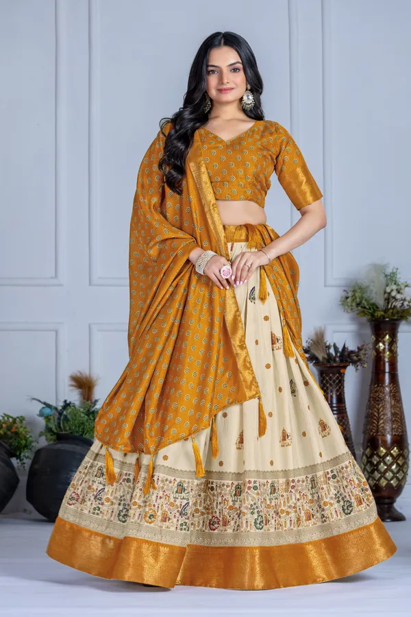 Yellow_Tasar_Silk_Printed_Flared_Lehenga_Choli_For_Women