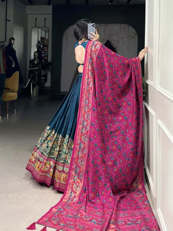 Navy_Tasar_Silk_Printed_Flared_Lehenga_Choli_For_Women