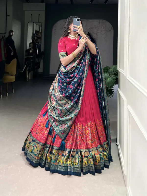 Red_Tasar_Silk_Floral_Printed_Flared_Lehenga_Choli_For_Women