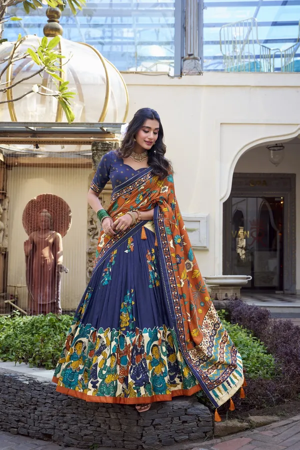 Navy_Tasar_Silk_Printed_Flared_Lehenga_Choli_For_Women