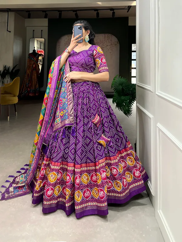 Purple_Tasar_Silk_Geometric_Printed_Flared_Lehenga_Choli_For_Women
