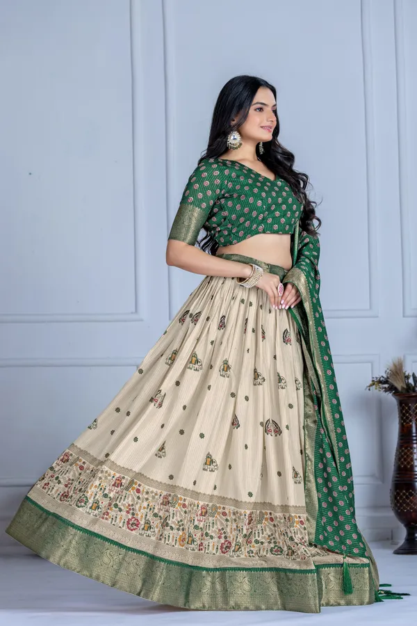 Green_Tasar_Silk_Flared_Lehenga_Choli_For_Women