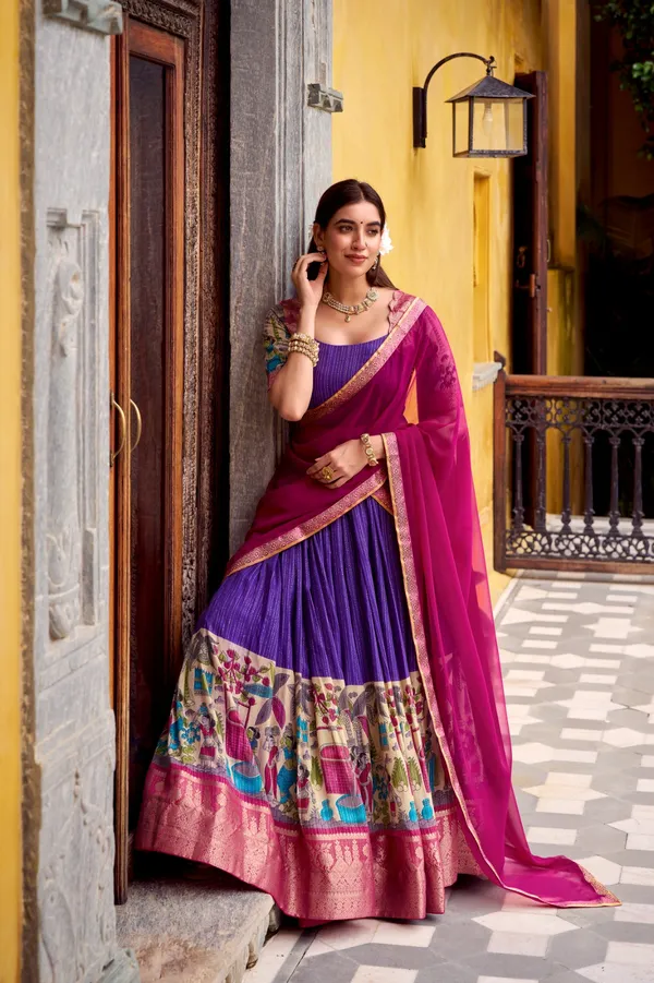 Purple_Tasar_Silk_Printed_Flared_Lehenga_Choli_For_Women