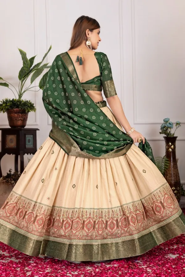 Green_Tasar_Silk_Printed_Flared_Lehenga_Choli_For_Women