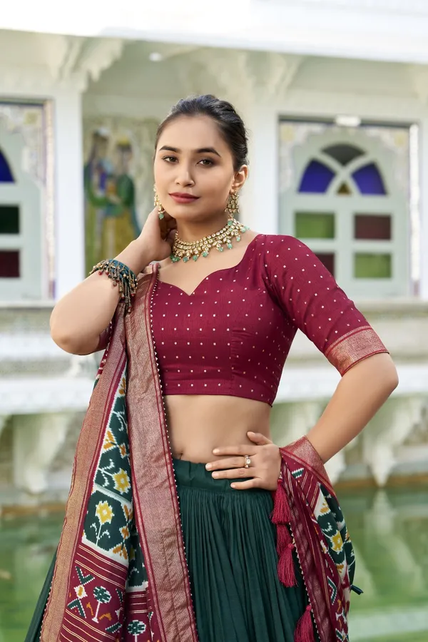 Green_Tasar_Silk_Flared_Lehenga_Choli_For_Women
