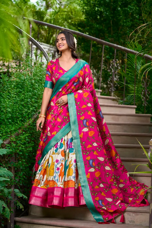 White_Tasar_Silk_Floral_Printed_Flared_Lehenga_Choli_For_Women
