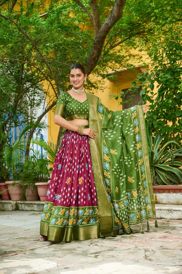 Green_Tasar_Silk_Printed_Flared_Lehenga_Choli_For_Women