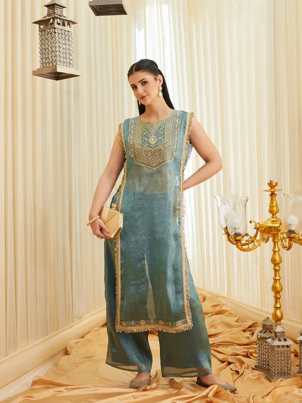 Teal_Embroidered_Straight_Kurta_Set_For_Women