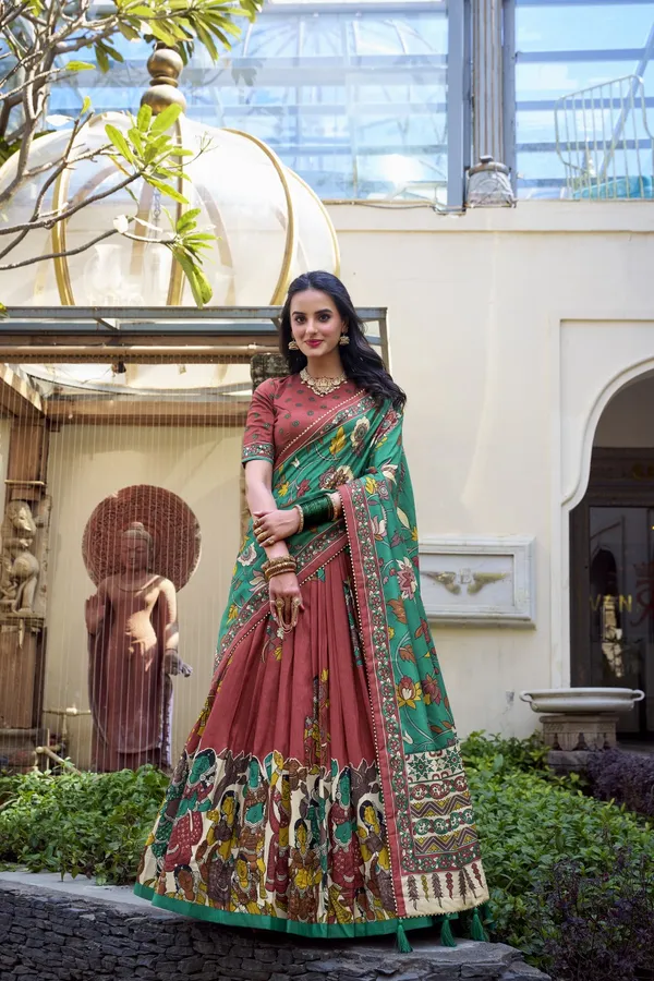 Red_Tasar_Silk_Printed_Flared_Lehenga_Choli_For_Women