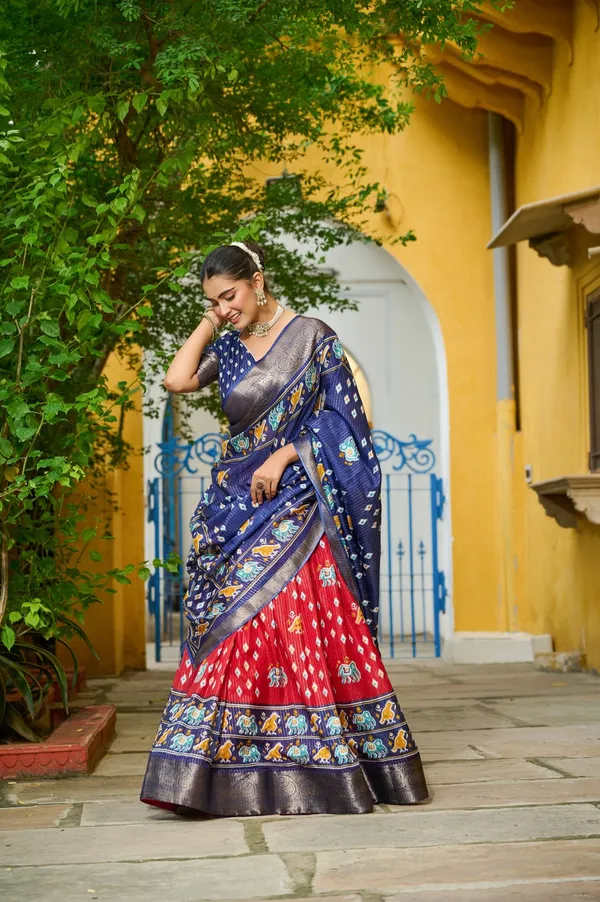 Red_Tasar_Silk_Printed_Flared_Lehenga_Choli_For_Women