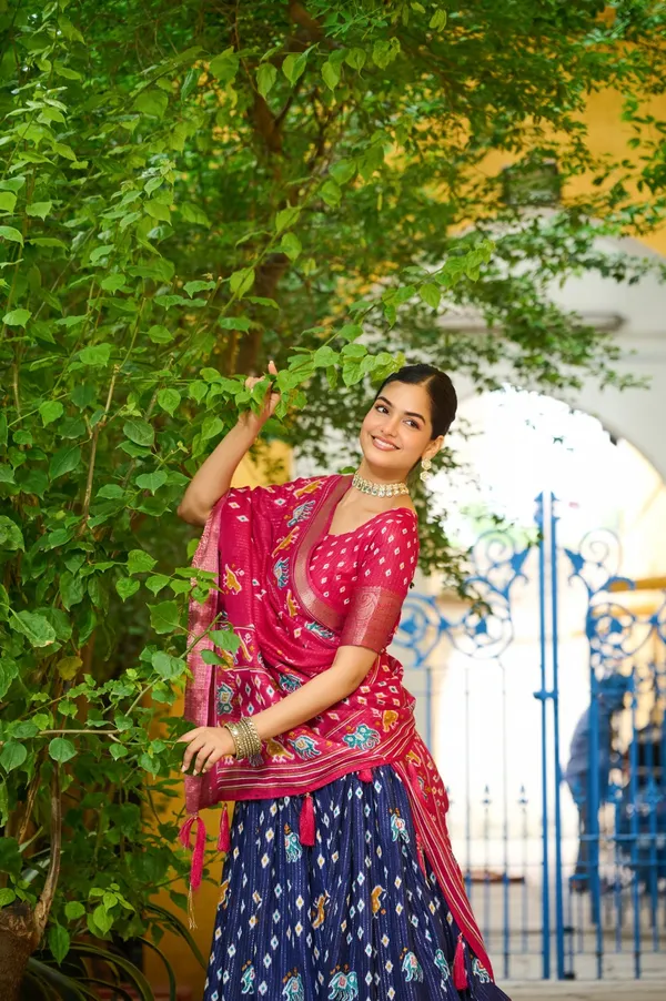 Navy_Tasar_Silk_Printed_Flared_Lehenga_Choli_For_Women