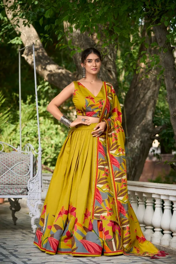 Yellow_Tasar_Silk_Flared_Printed_Lehenga_Choli_For_Women