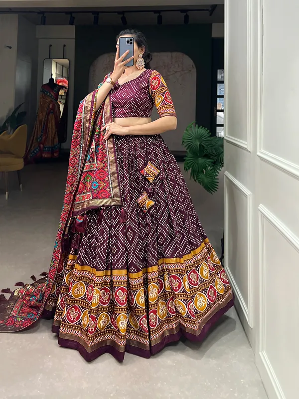 Wine_Tasar_Silk_Geometric_Printed_Flared_Lehenga_Choli_For_Women