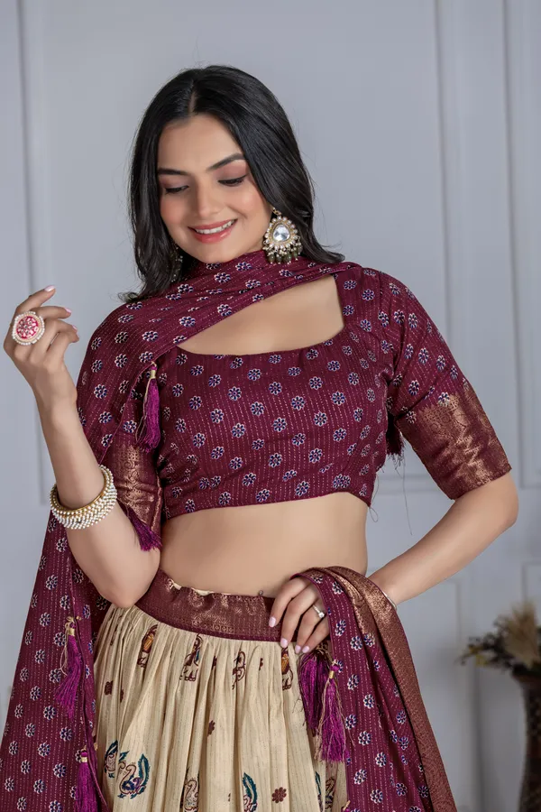 Wine_Tasar_Silk_Printed_Flared_Lehenga_Choli_For_Women