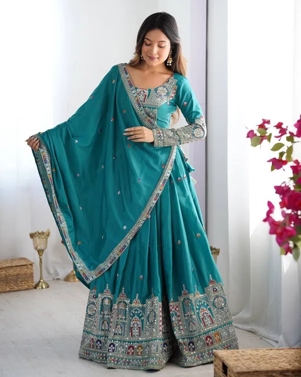 Teal_Tasar_Silk_Embroidered_Flared_Lehenga_Choli_For_Women