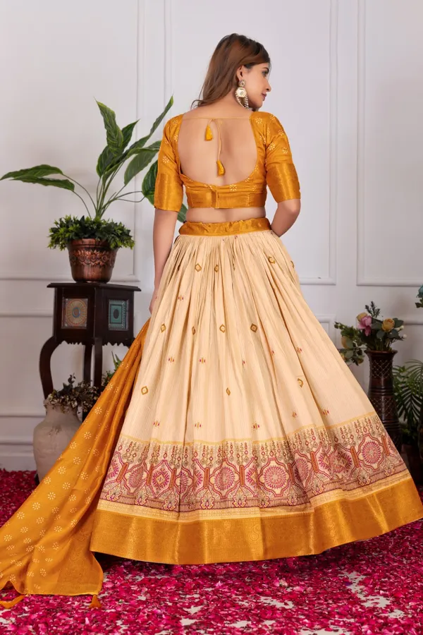 Orange_Tasar_Silk_Printed_Flared_Lehenga_Choli_For_Women