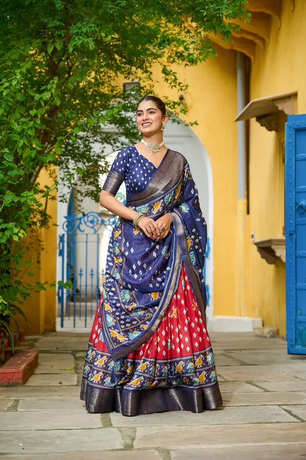Red_Tasar_Silk_Printed_Flared_Lehenga_Choli_For_Women