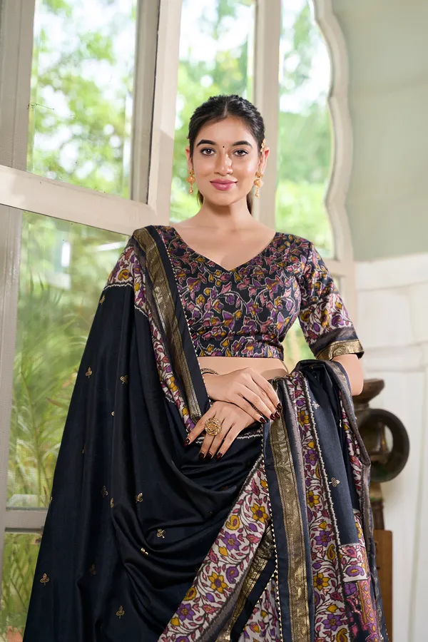 Black_Tasar_Silk_Floral_Print_Lehenga_Choli_For_Women