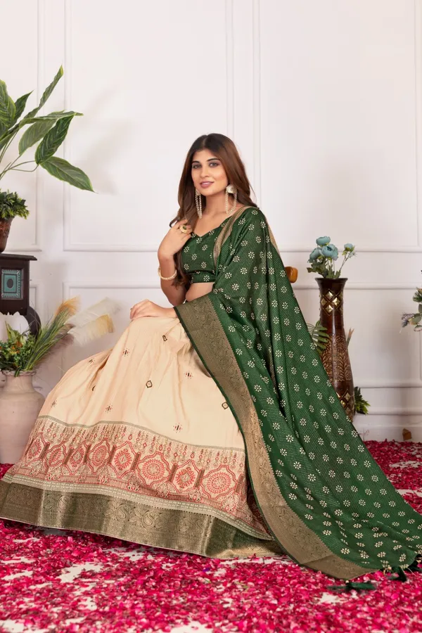 Green_Tasar_Silk_Printed_Flared_Lehenga_Choli_For_Women