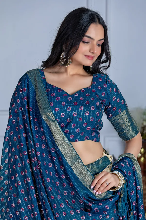 Blue_Tasar_Silk_Flared_Lehenga_Choli_For_Women
